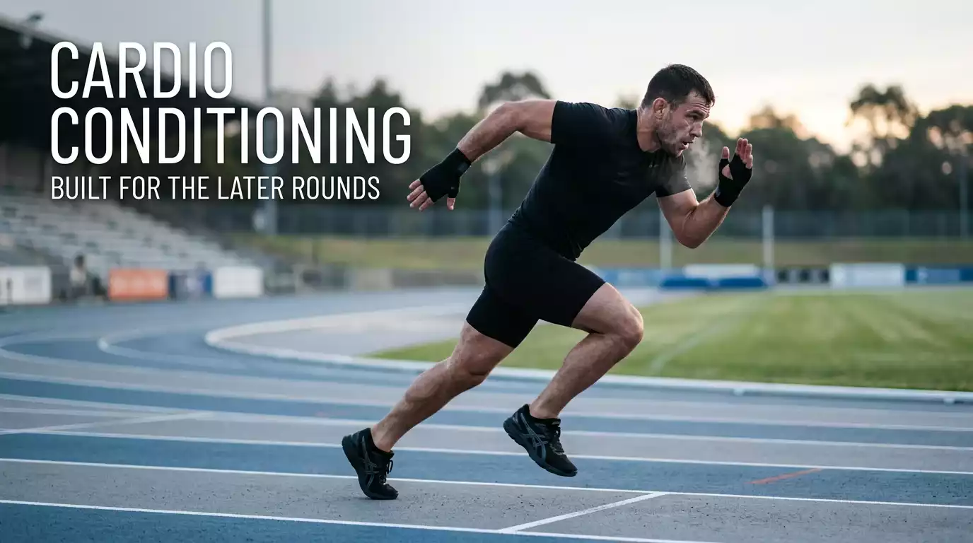 MMA fighter sprinting on a track during an early-morning conditioning run