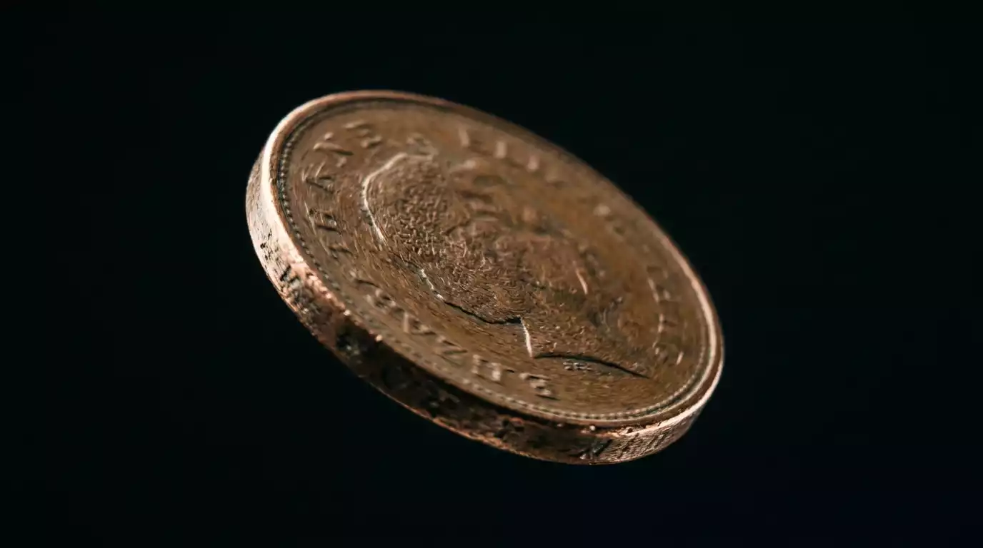 Bronze coin frozen in mid-air spin against a dark studio backdrop