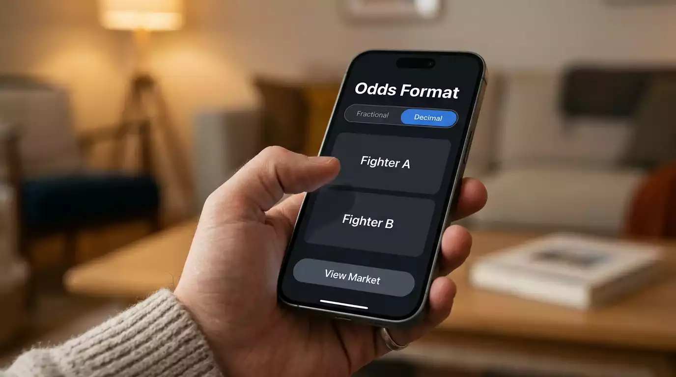 UK bookmaker mobile interface showing the format toggle between fractional and decimal UFC odds