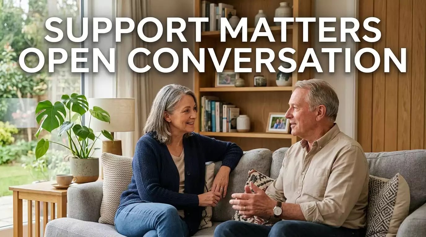 Two adults sitting together on a sofa in a UK home having a calm supportive conversation