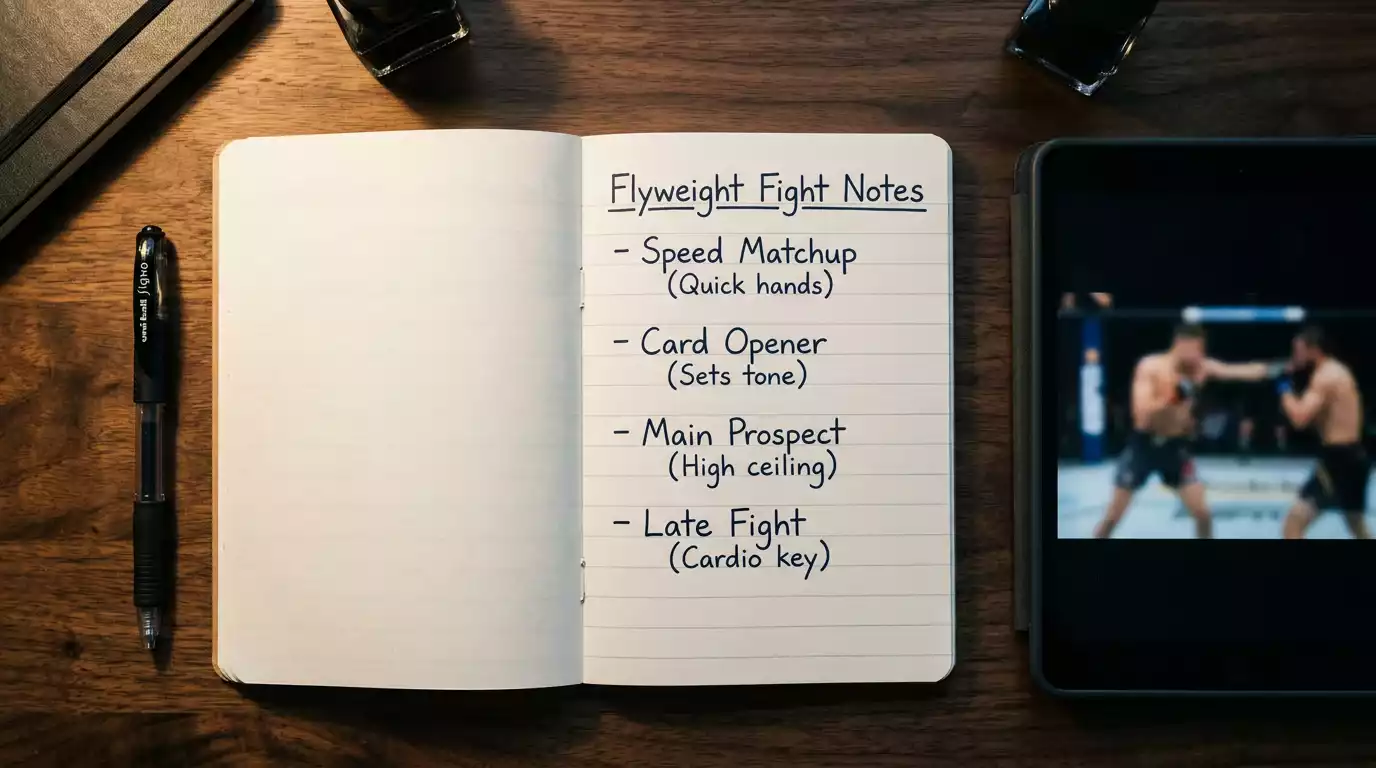 Open notebook with handwritten UFC flyweight card betting picks and stake plan beside a tablet