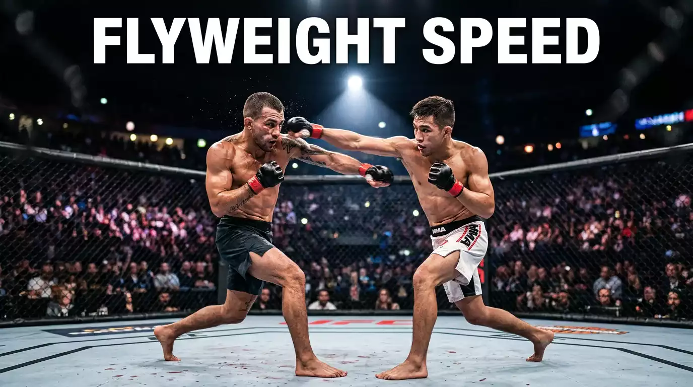 Two UFC flyweight fighters trading rapid combinations in centre cage with crowd lights blurred behind them