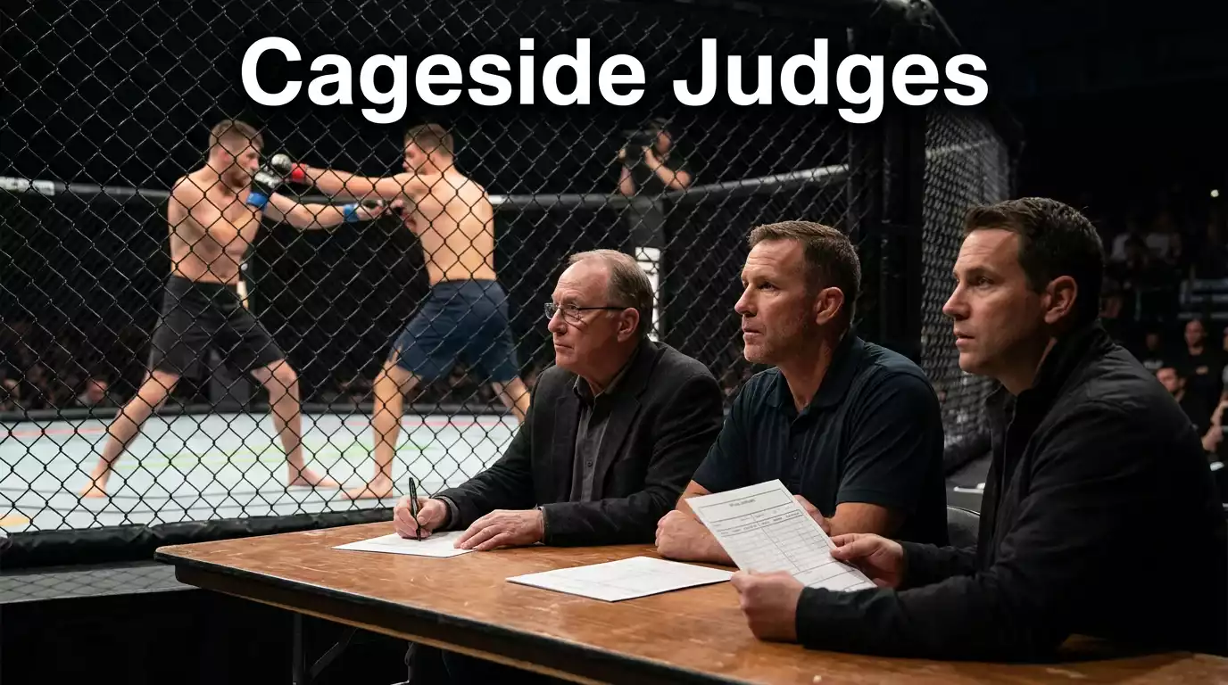 UFC judges seated cageside scoring a flyweight bout with scorecards in hand under bright arena lighting