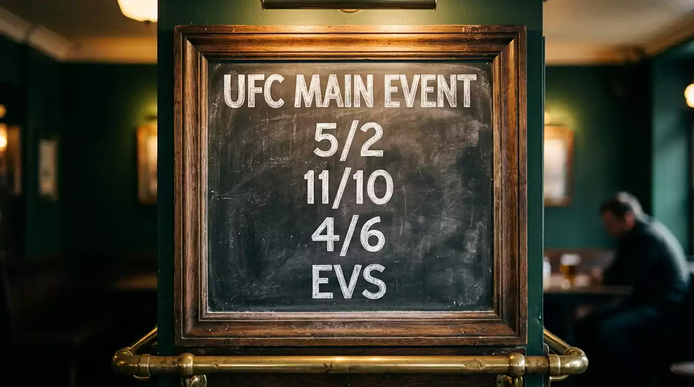 Fractional UFC odds chalked on a UK betting shop board with 5/2 and 11/10 prices