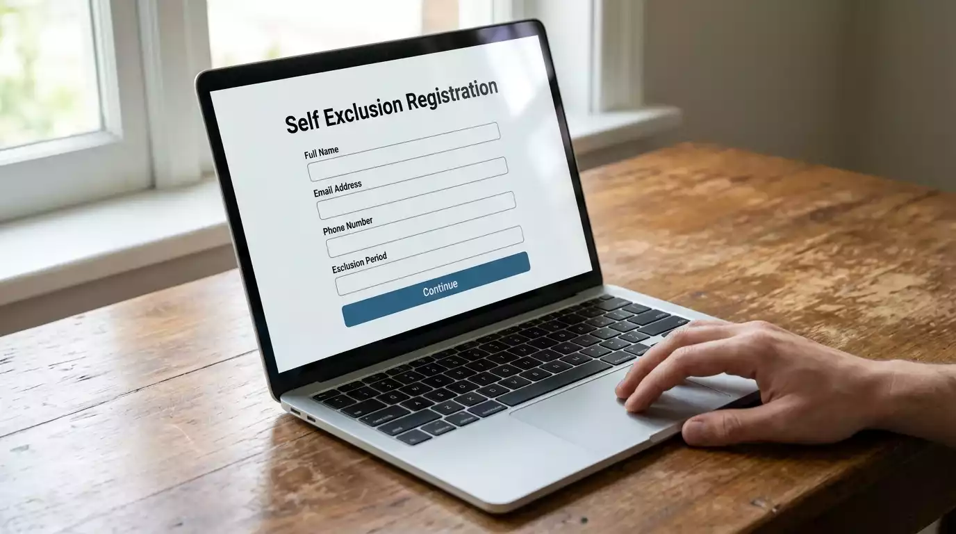 Laptop screen displaying a clean self-exclusion registration page resembling the UK GamStop scheme