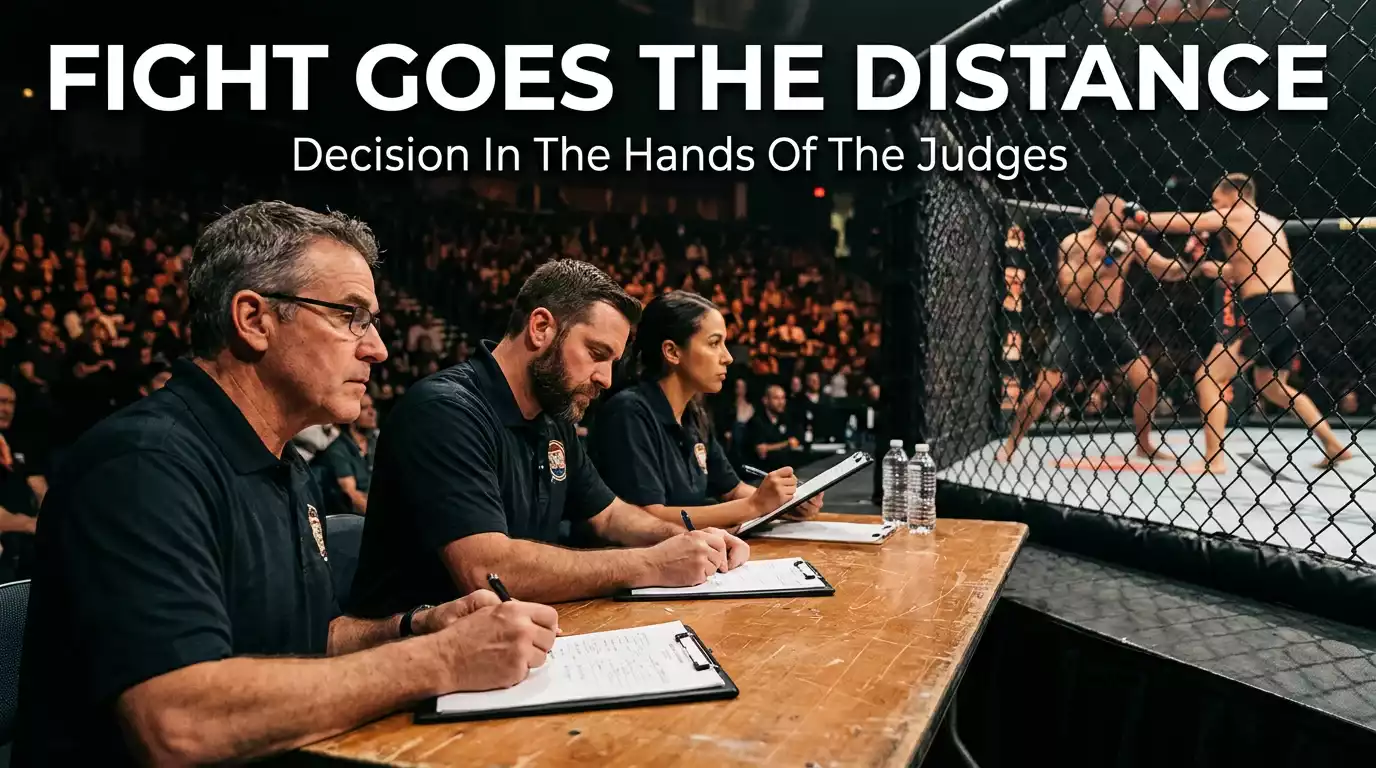 Cageside view of three professional judges seated at a fight-night table