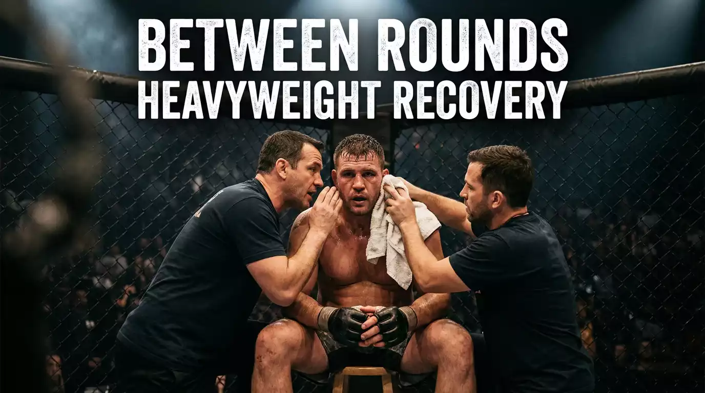 Exhausted UFC heavyweight fighter slumped on a corner stool between rounds while his coach speaks to him