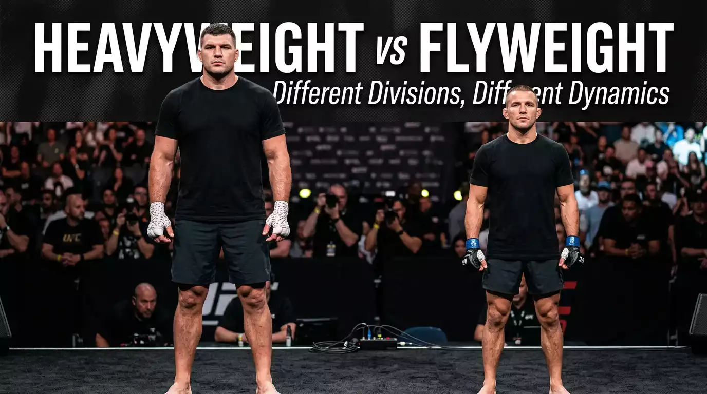 Heavyweight and flyweight UFC fighters standing side by side at a media stage