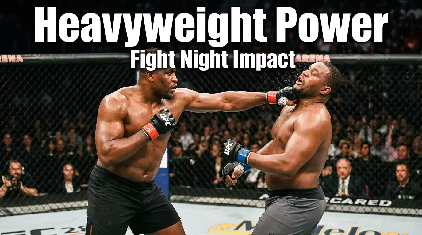 Heavyweight UFC fighter landing a clean overhand right on his opponent inside the octagon