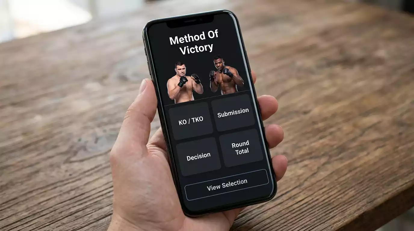 Mobile betting screen displaying UFC heavyweight method-of-victory market with KO/TKO and decision odds