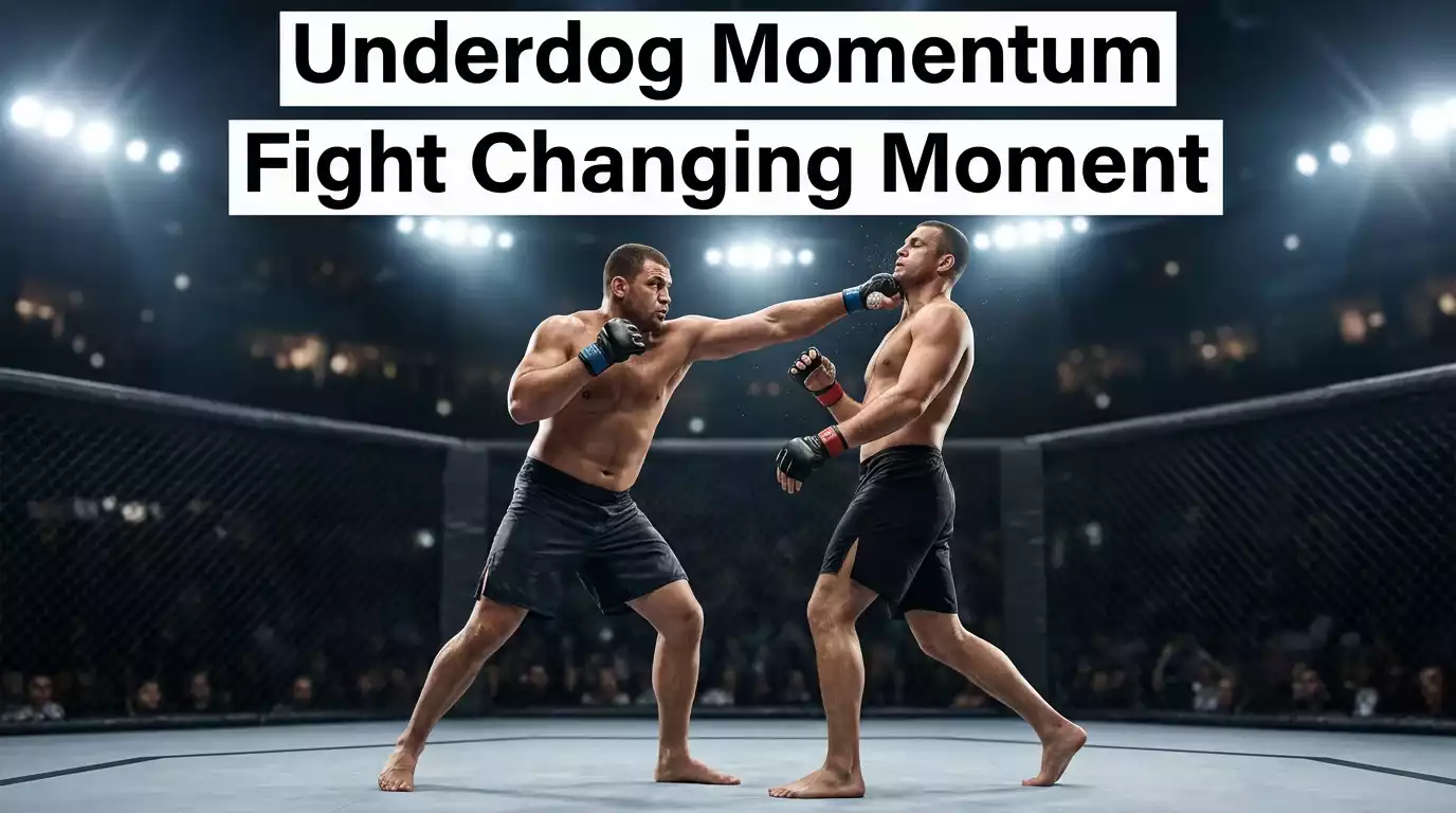 Heavyweight UFC underdog landing a finishing punch on a favoured opponent inside the cage