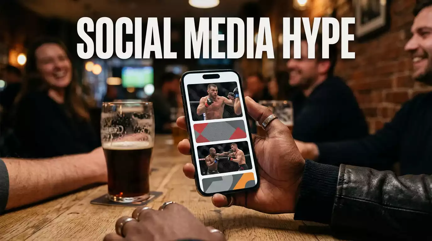 Smartphone in hand showing a generic social feed in soft focus on a pub table