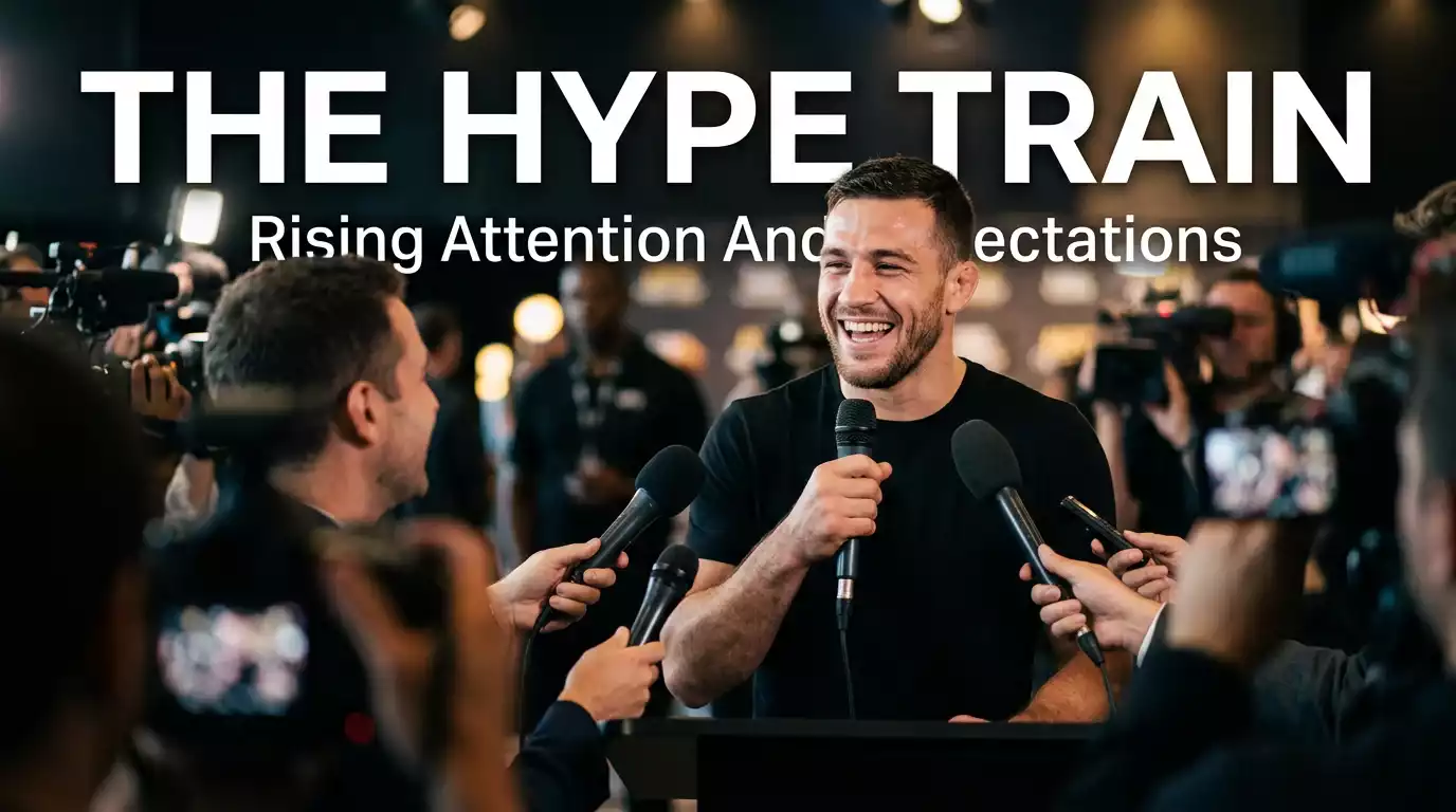 Trending UFC fighter laughing at a media day interview with mics in front of him
