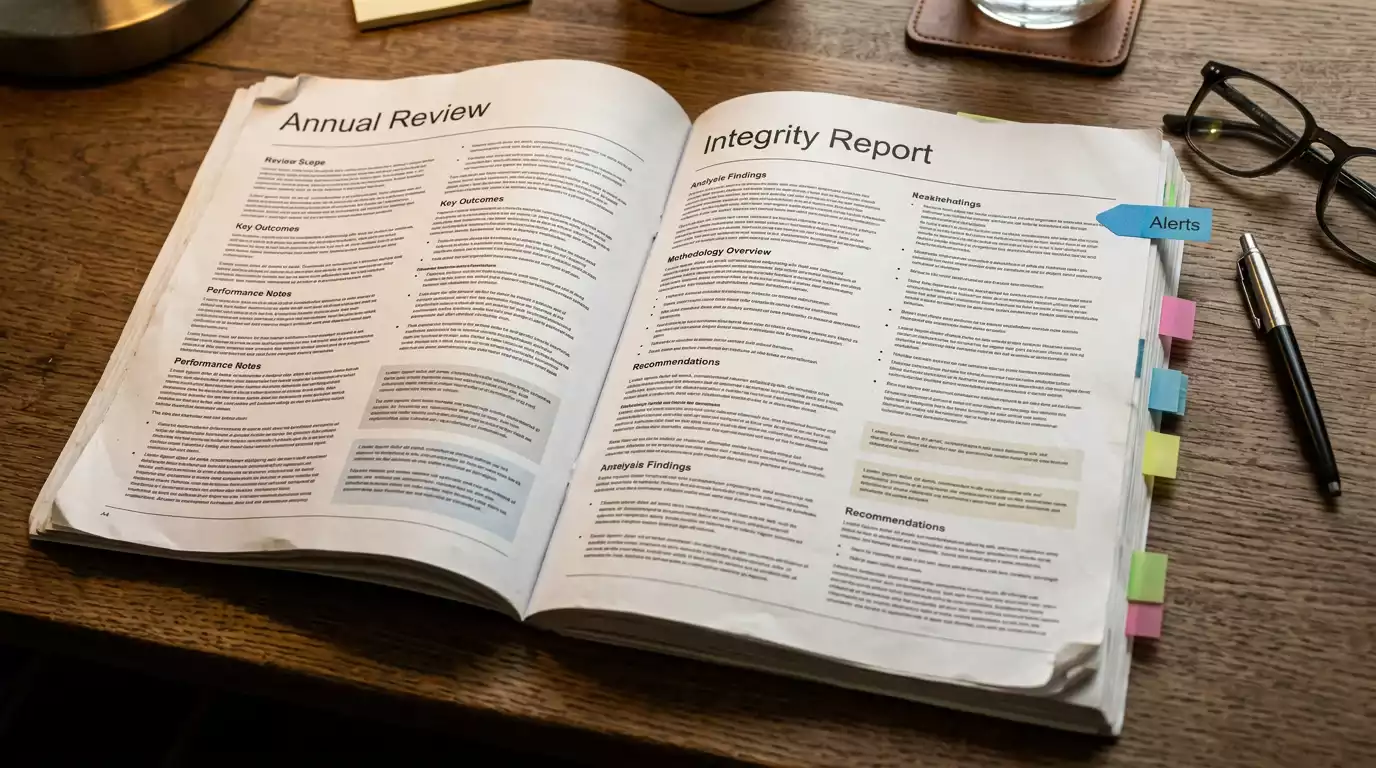 Printed IBIA-style 2025 integrity report on a wooden desk with key figures highlighted