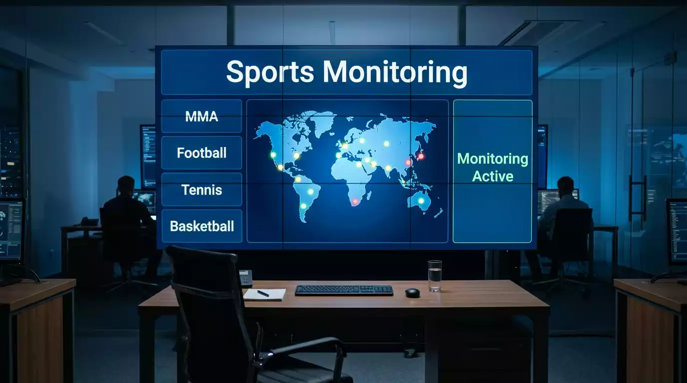 Sports integrity monitoring dashboard displaying alert flags and global market data on a wall-mounted screen