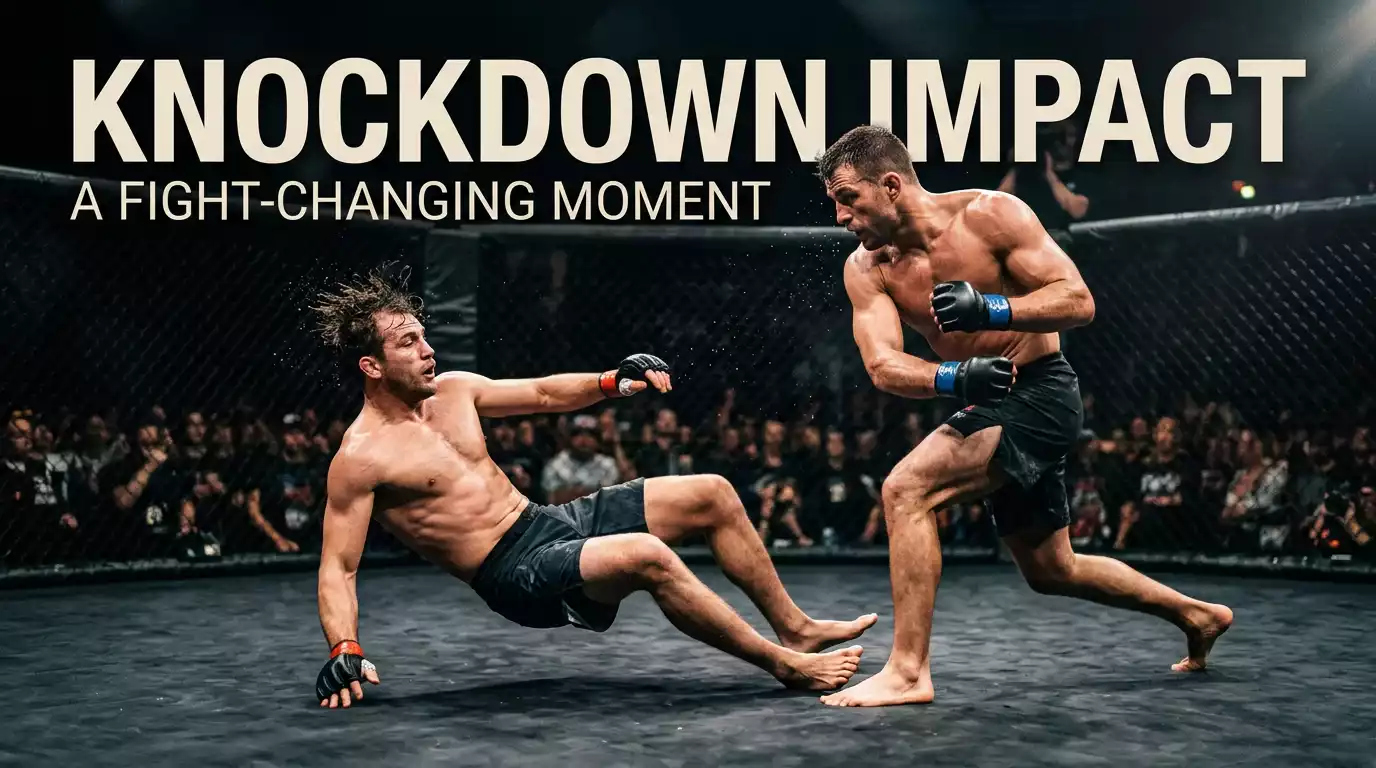 MMA fighter rocked by a strike with knees buckling against the cage