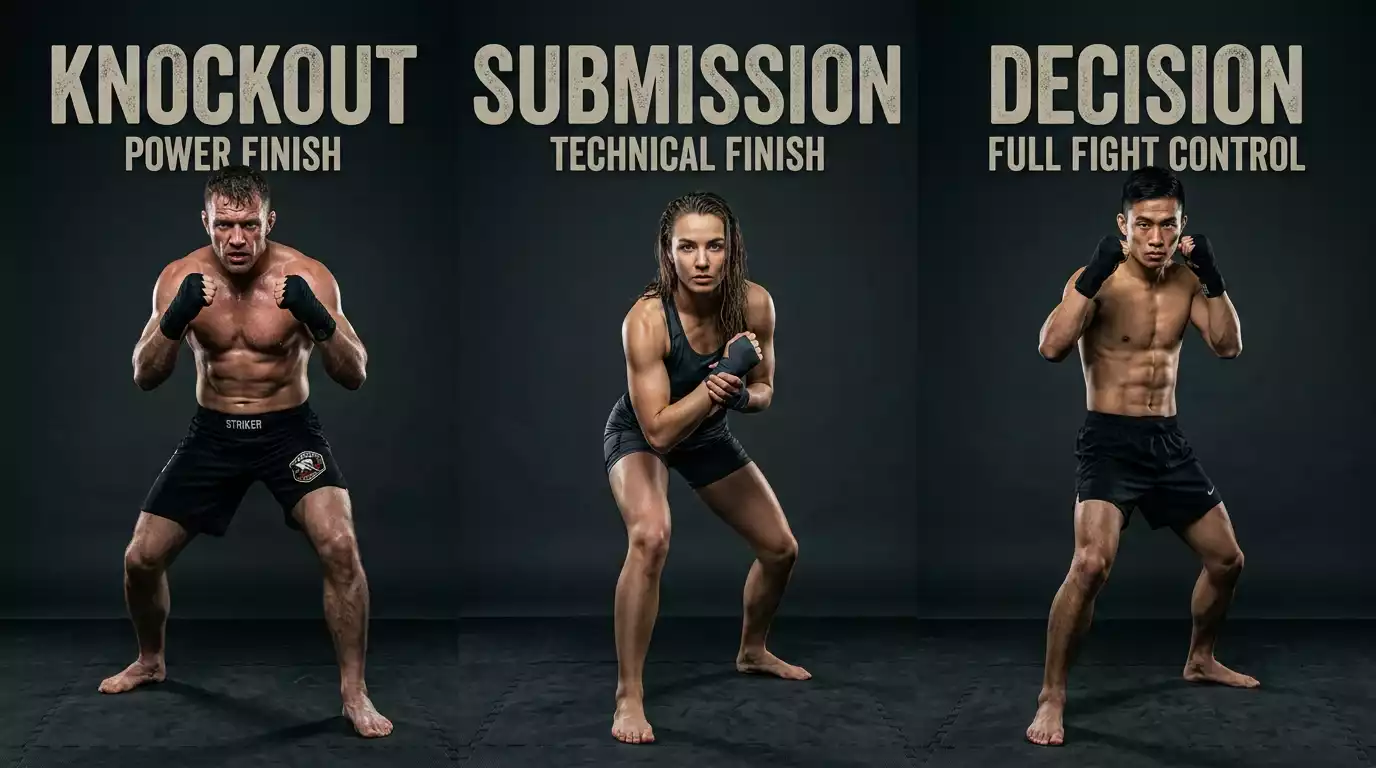Three MMA fighters posed individually side by side in fight stance in a studio