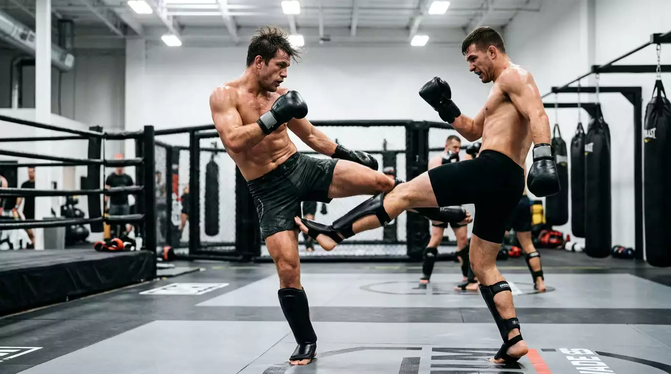 Two MMA fighters mid-spar in a busy commercial gym in Manchester