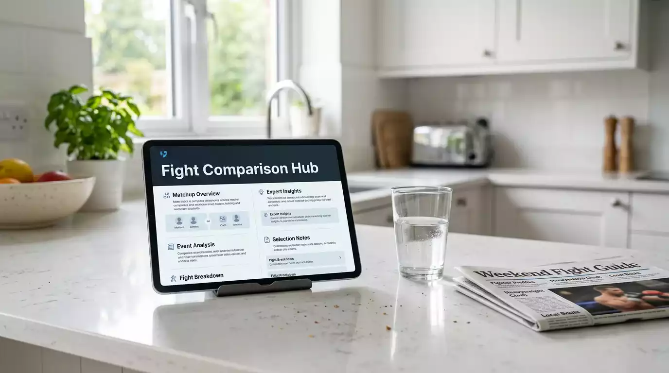 Tablet on a kitchen counter showing a generic sports comparison list interface
