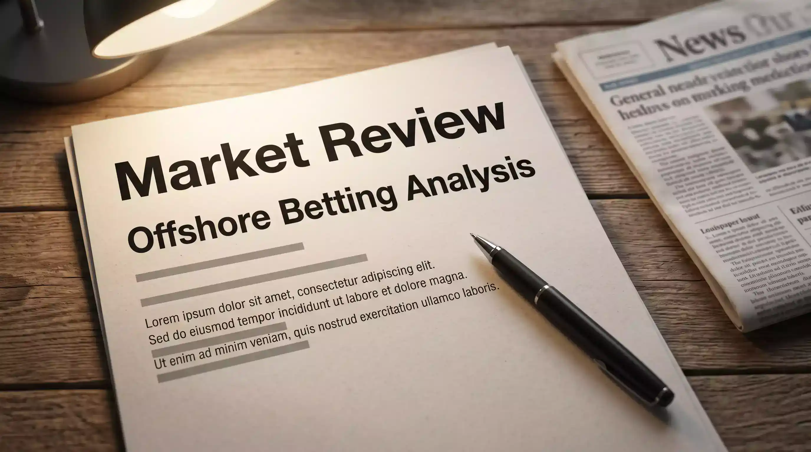Printed report on a desk showing the scale of the UK offshore gambling market beside a folded newspaper