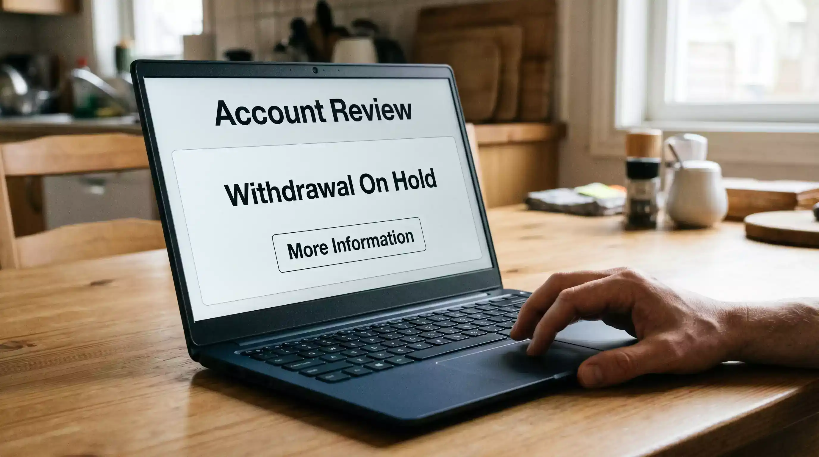Laptop screen displaying a frozen withdrawal notice from an unlicensed offshore betting site in a UK home