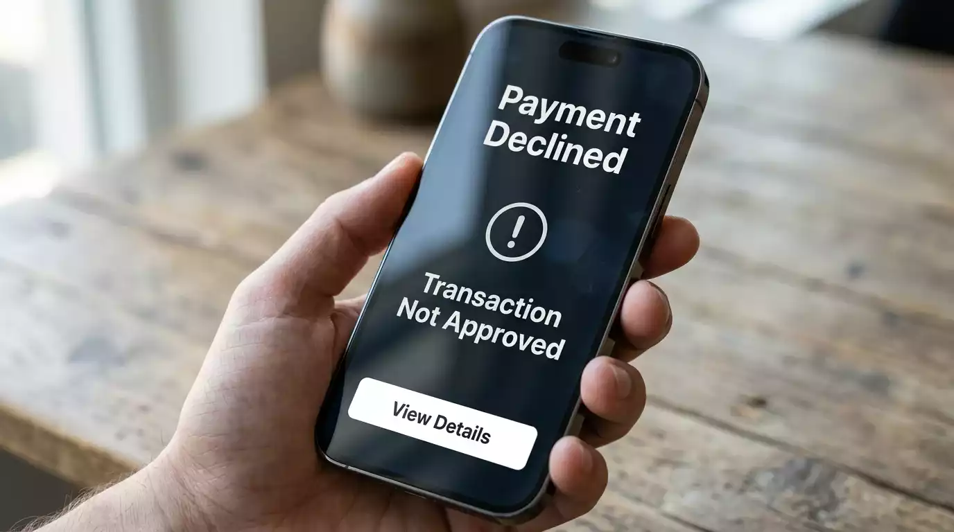 UK banking app displaying a rejected outbound payment to an offshore gambling site on a smartphone screen