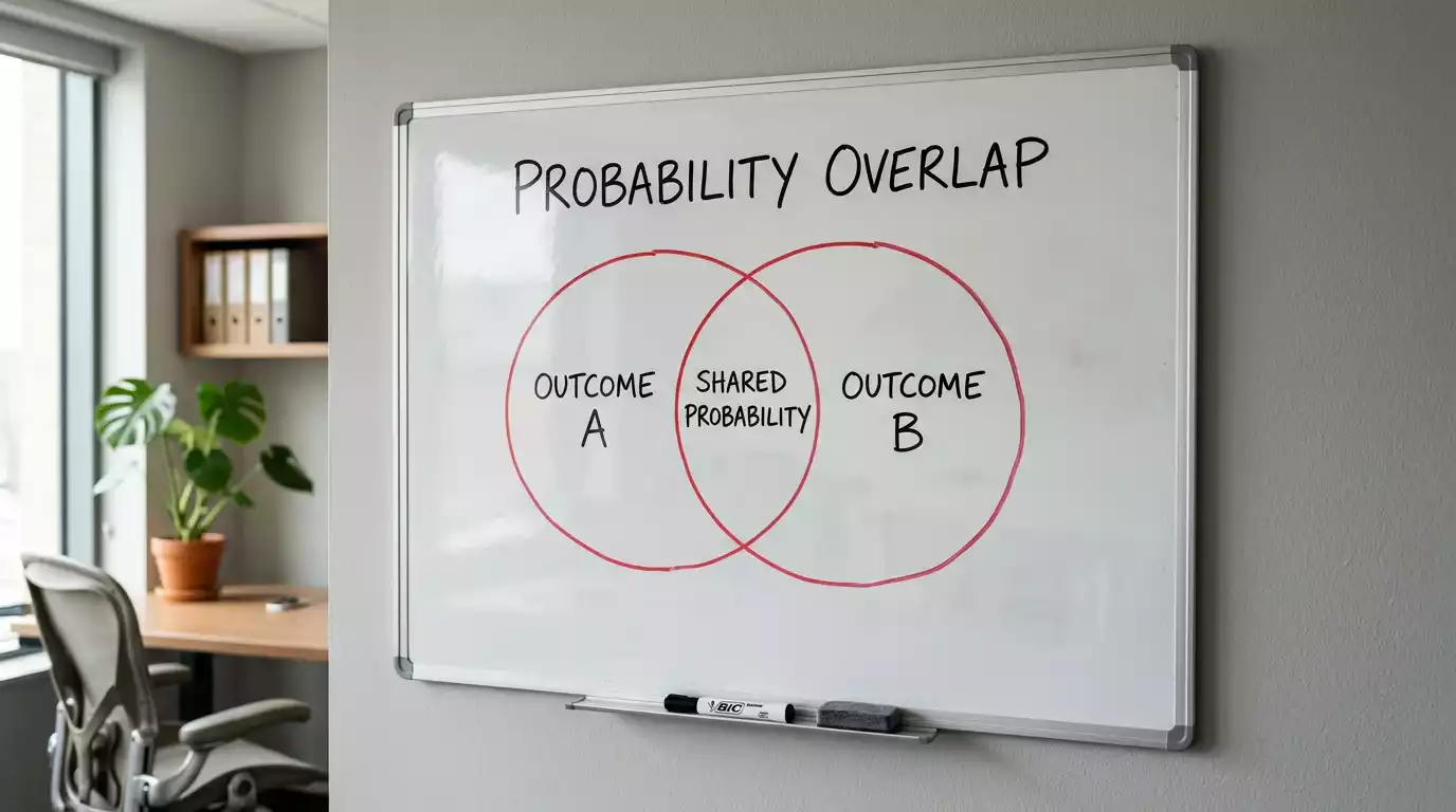 Whiteboard with abstract diagram of two overlapping circles drawn in marker