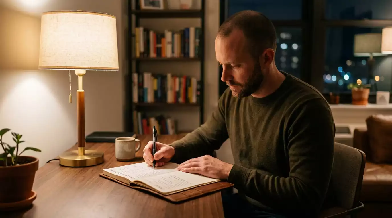 British man at a desk writing in a leather notebook by a single lamp