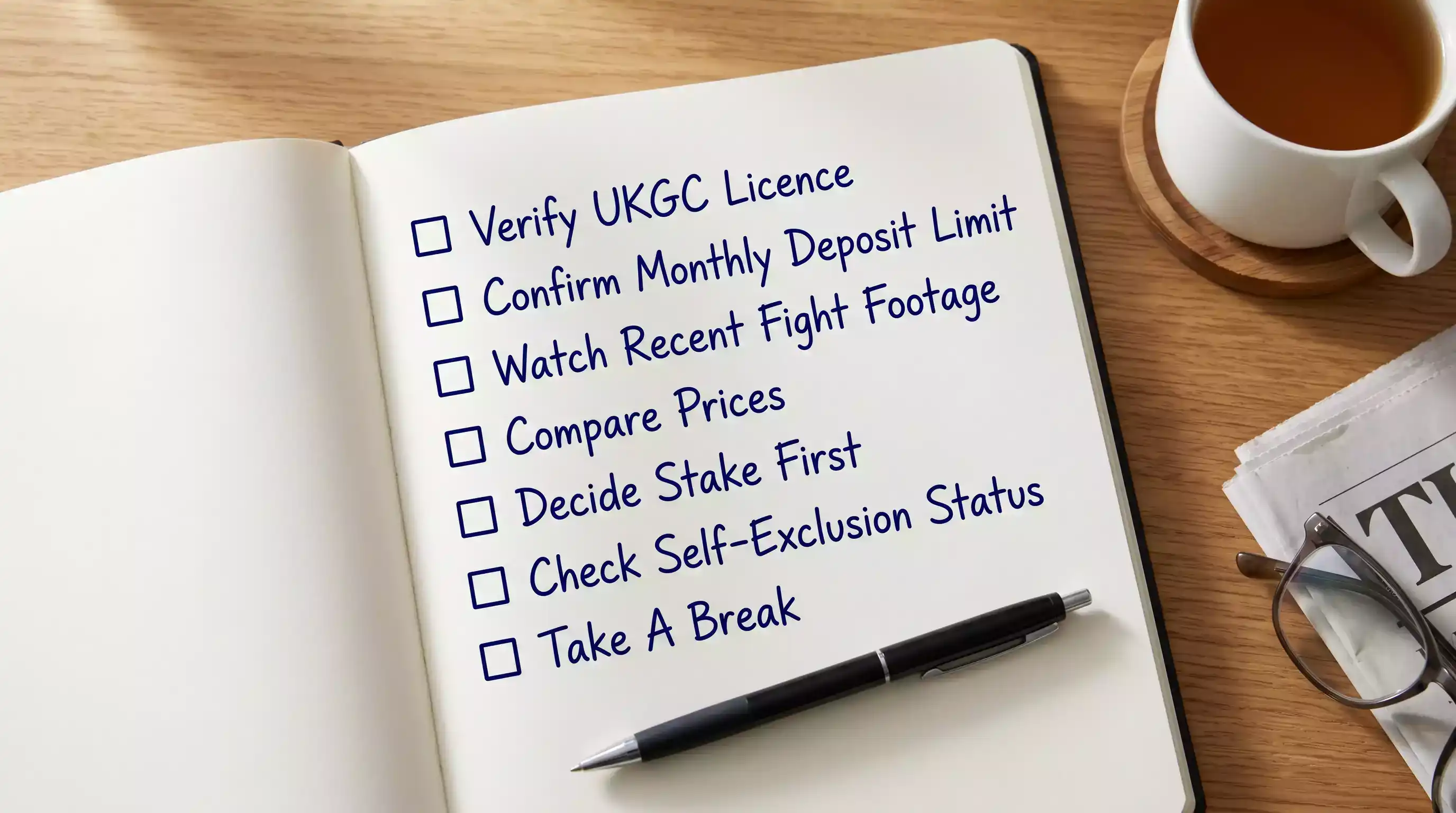 Open A5 notebook with a handwritten UFC pre-bet routine checklist beside a mug of tea on a wooden desk