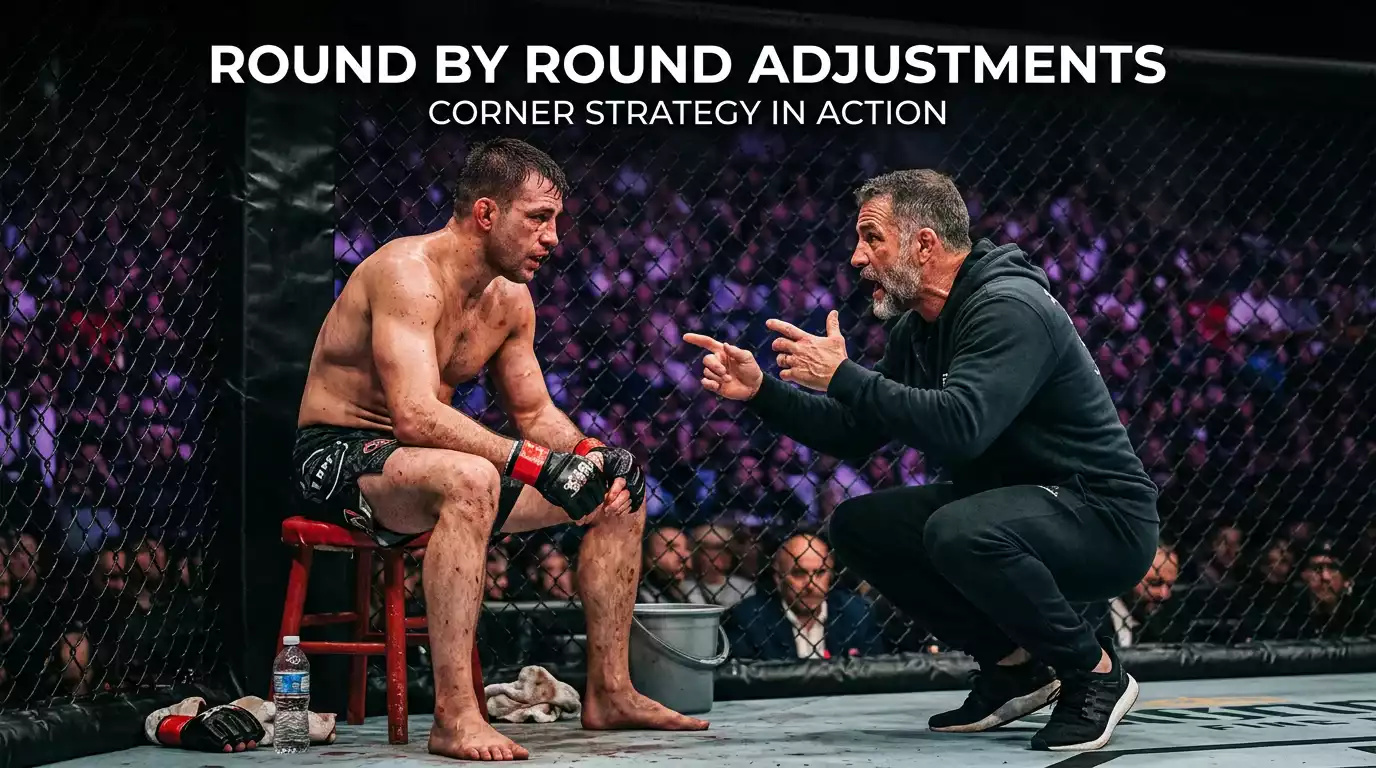 MMA cornerman crouching to deliver instructions to a seated fighter between rounds