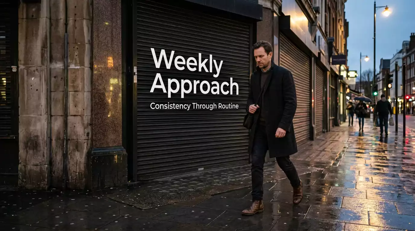 British man in a coat walking past the closed shutters of a London bookmaker