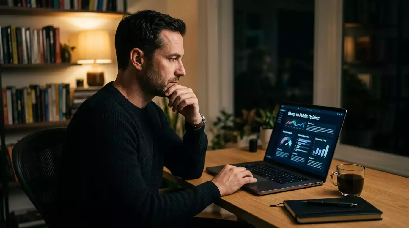 Calm professional sitting at a quiet desk lit by a single laptop screen