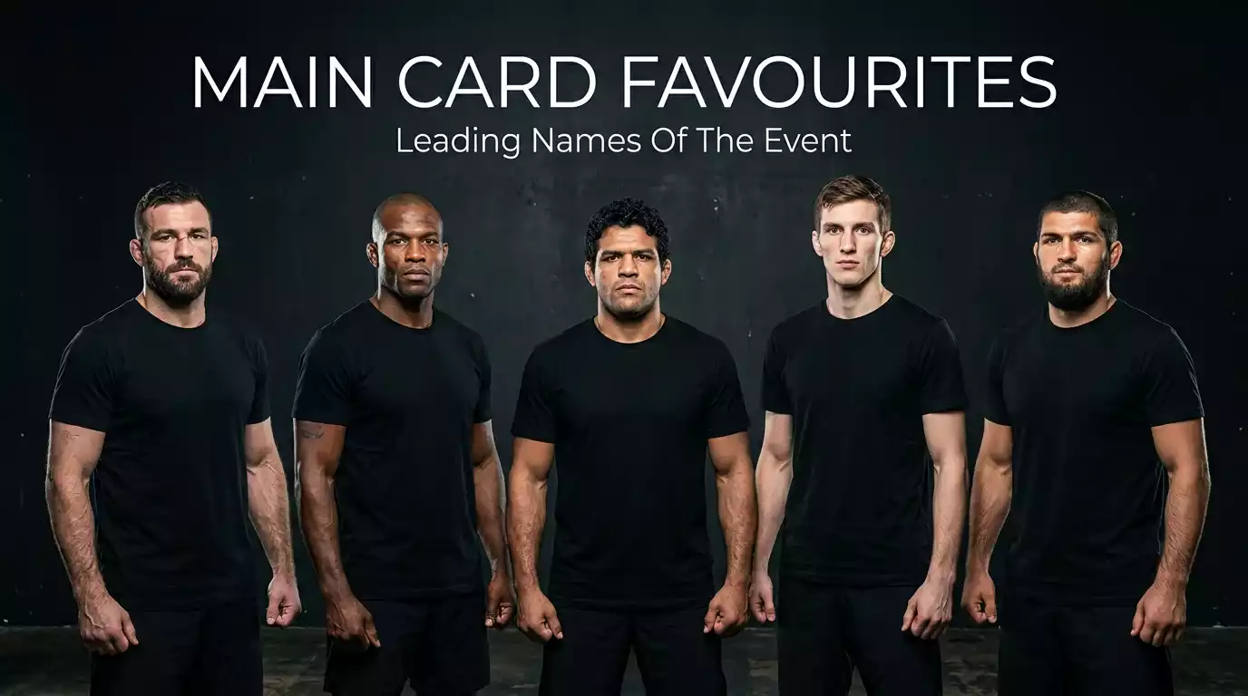 Five UFC fighters lined up in a press-day group photograph against a dark backdrop