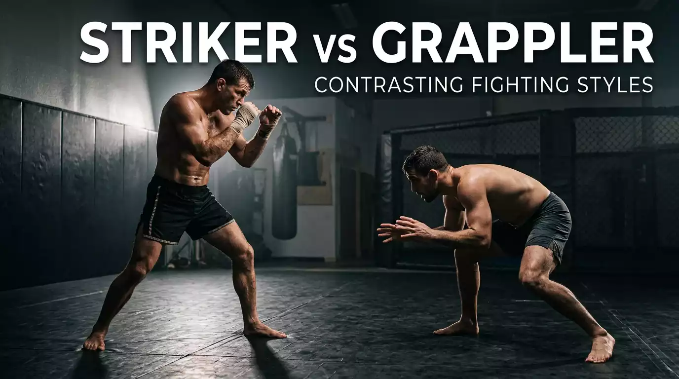 Two male MMA fighters in opposing stances facing each other in a low-lit gym