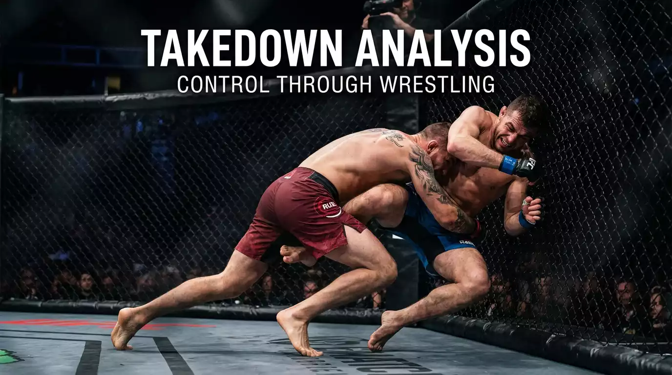 Two MMA fighters in a wrestling takedown attempt against the cage fence