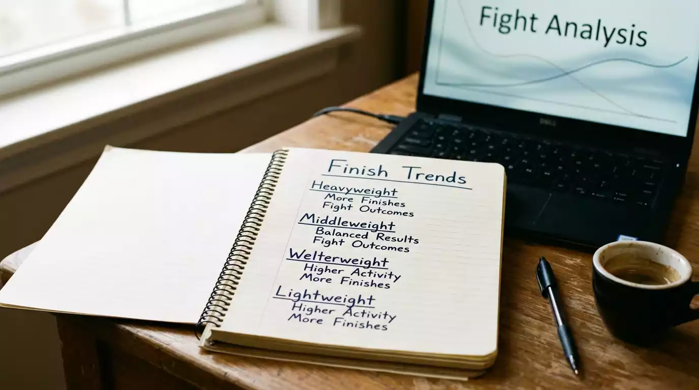 Analyst tracking 2026 UFC finish-rate trends in a printed notebook beside a laptop