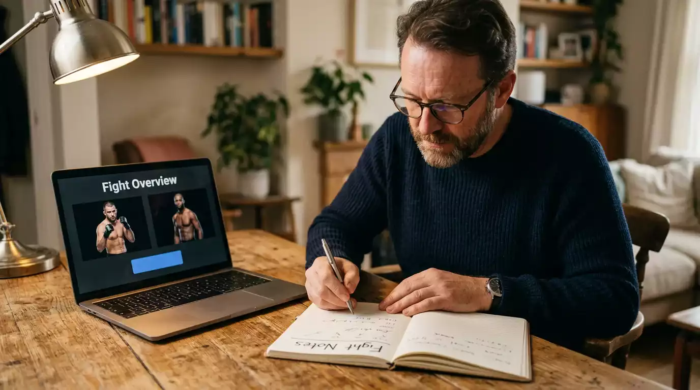 Analyst at a desk deliberately reviewing UFC fight notes and a sportsbook product page