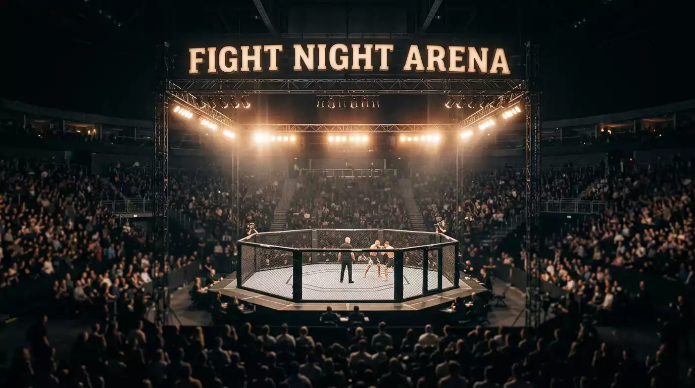 Wide shot of a UFC arena with octagon centre stage and fight night atmosphere