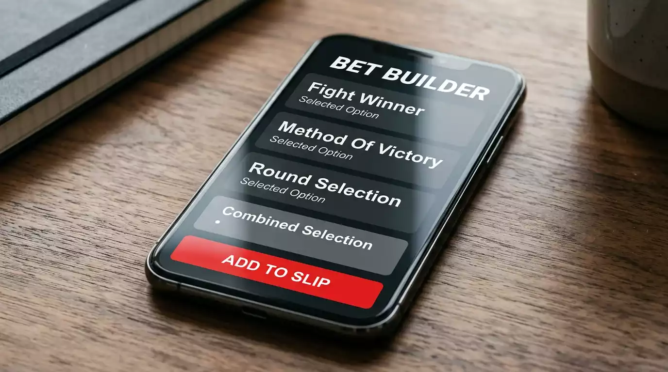 Bet builder screen on a smartphone showing three selected UFC legs combined into one slip