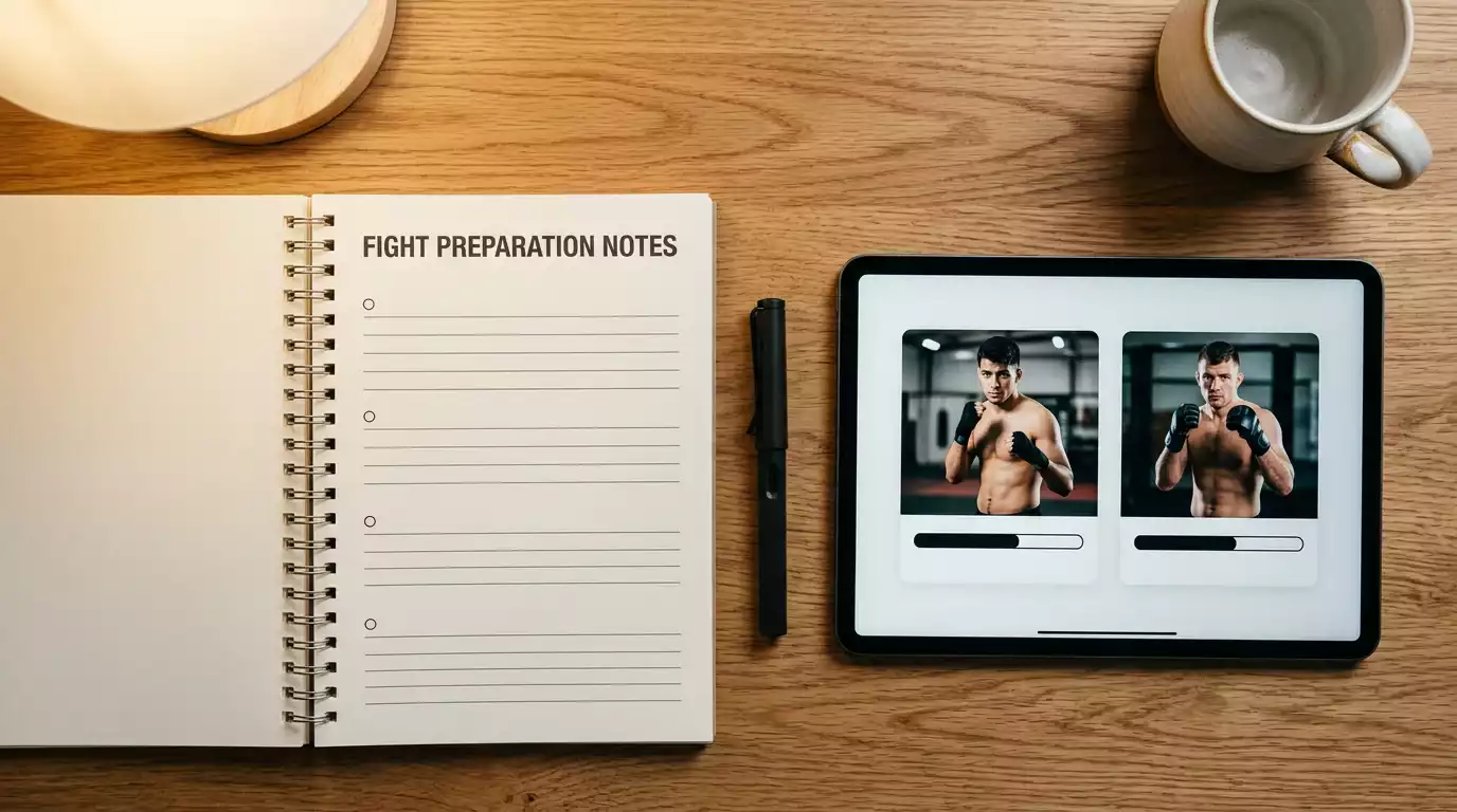 Analyst writing pre-fight notes on a paper notepad next to a tablet showing UFC fighter statistics