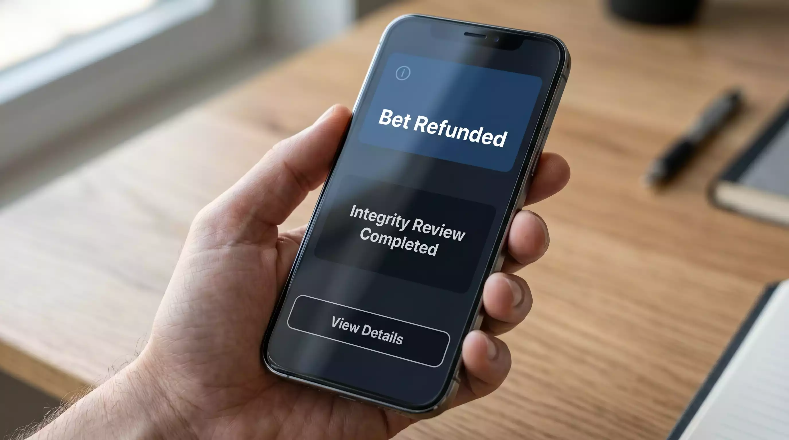 Smartphone screen showing a mobile betting app notification confirming a UFC bet has been refunded
