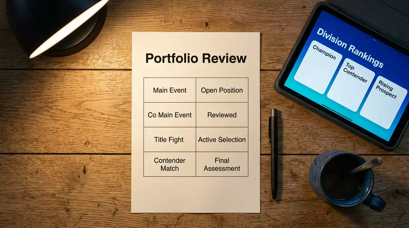 Bettor reviewing a printed UFC futures position document at a desk with a tablet showing fighter rankings