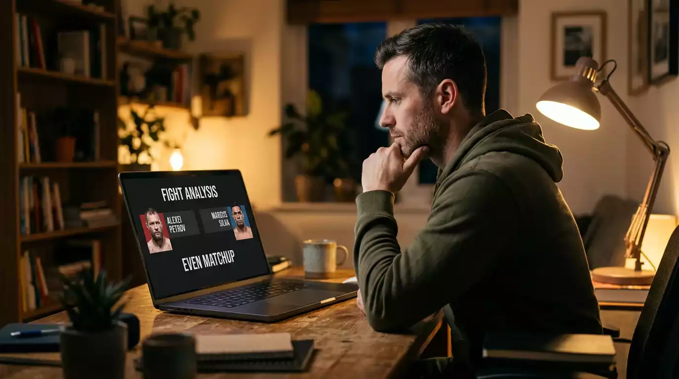 UK bettor staring at an even-money UFC odds screen with a pensive expression