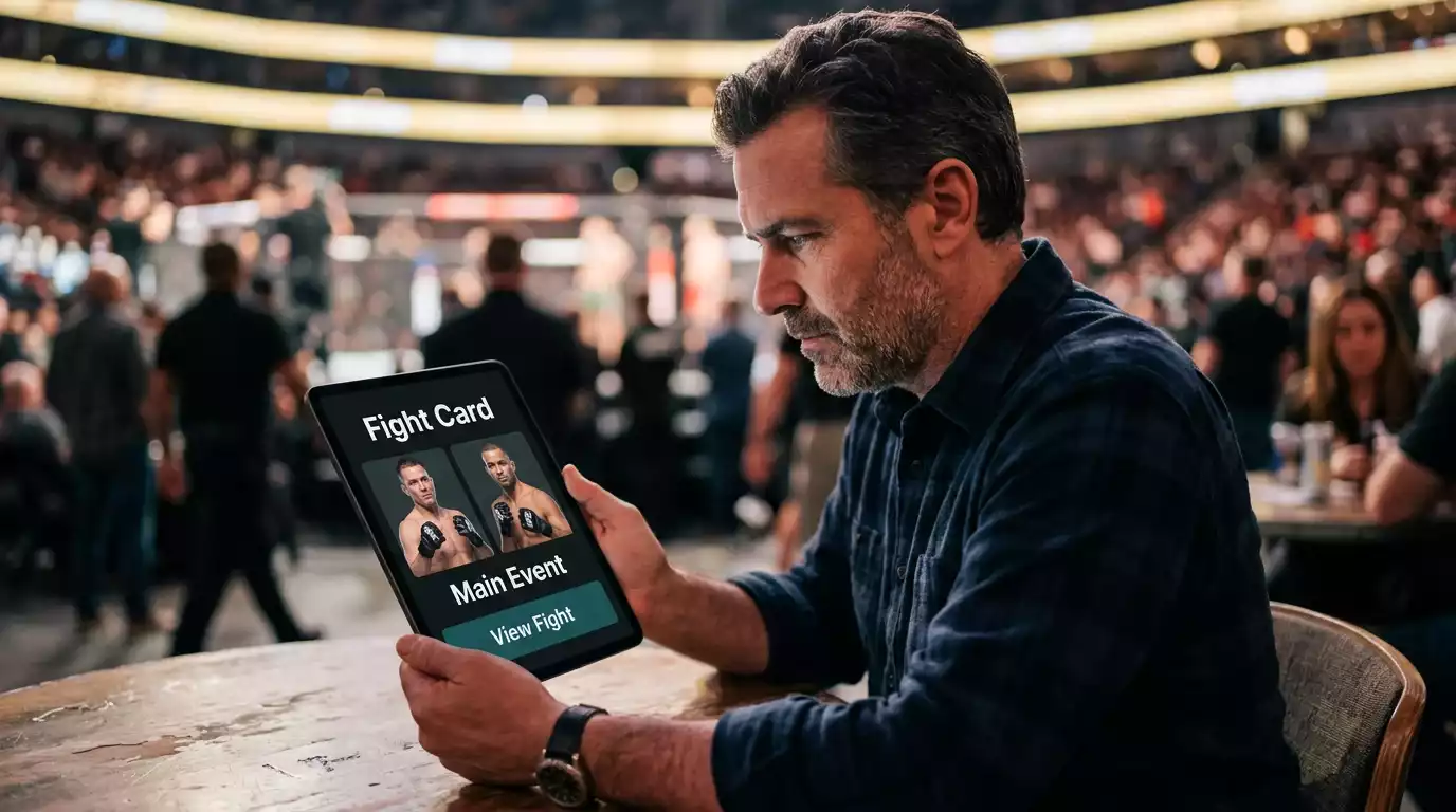 UK bettor calmly reviewing a UFC fight card on a tablet before the event