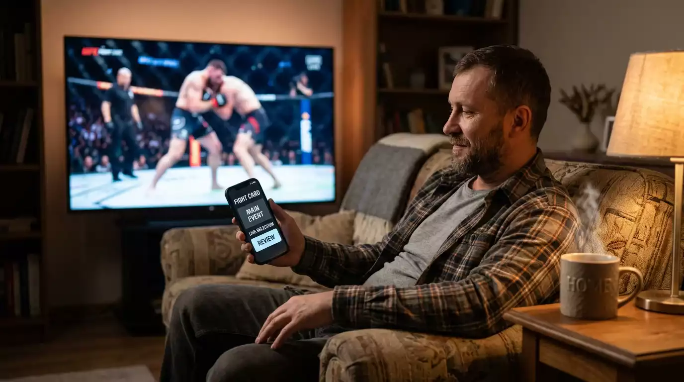 UK bettor watching a UFC card on television with their phone in hand at home