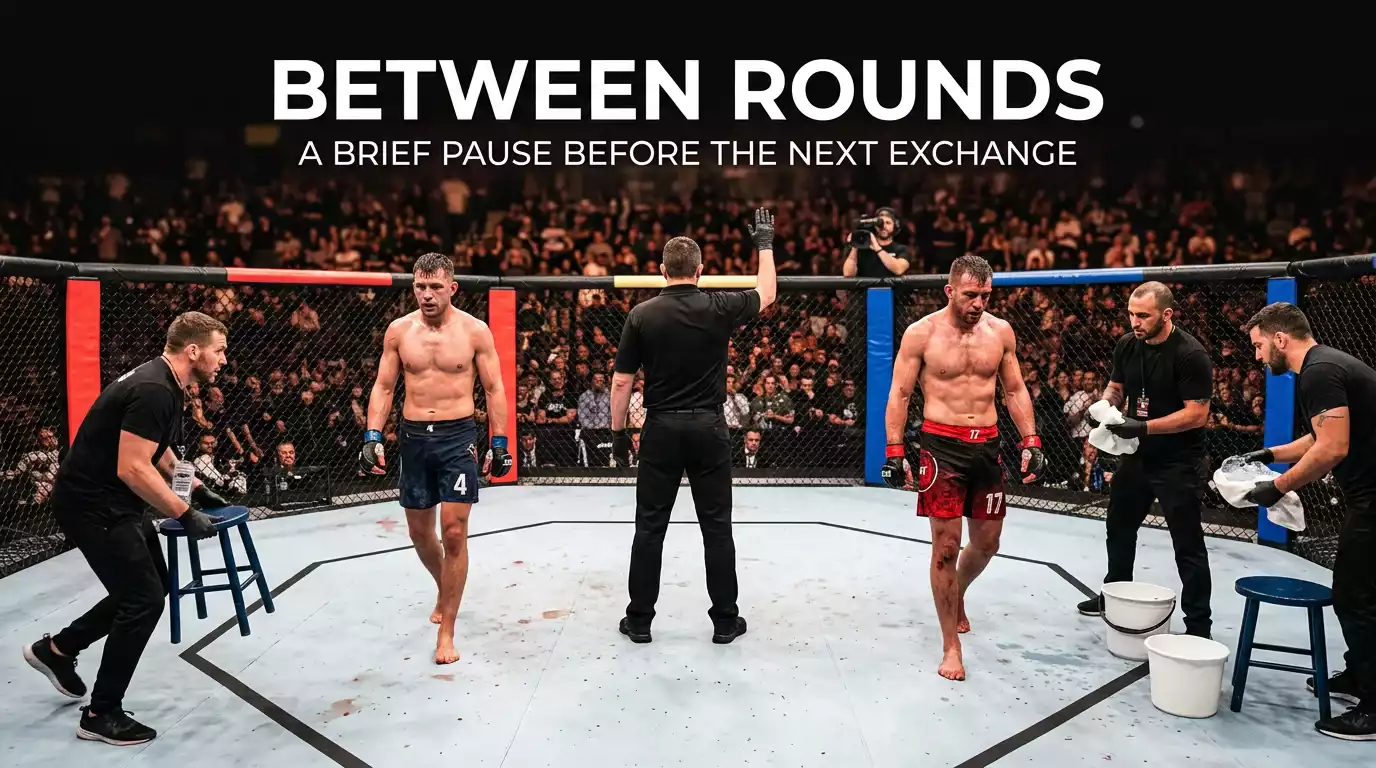 UFC referee gesturing between rounds as fighters return to their corners, marking the structural boundary of a single fight