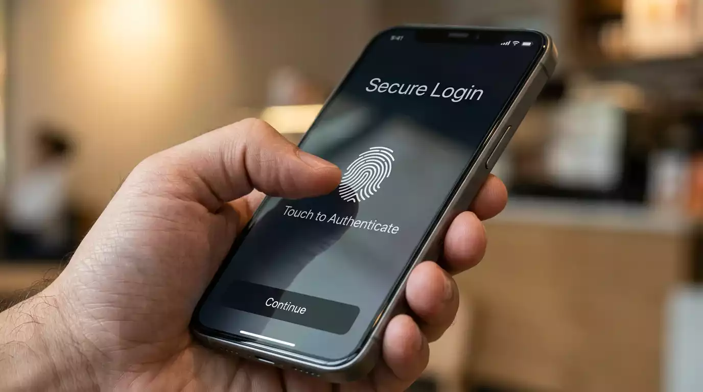 Finger touching a smartphone fingerprint sensor to authenticate access to a UK sportsbook UFC app