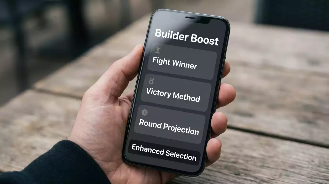 Smartphone showing a UFC main event bet builder odds boost on a UK sportsbook app interface