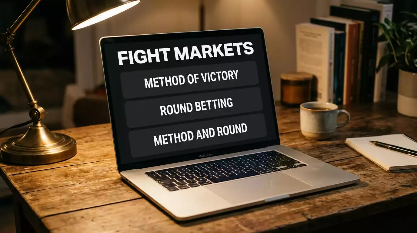 Laptop screen showing a UFC main card menu with method-and-round combination markets
