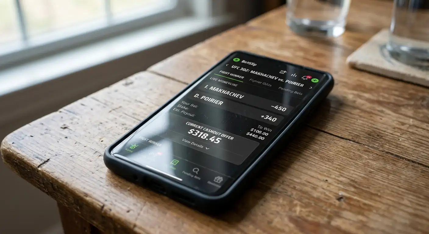 Smartphone displaying the cashout offer breakdown alongside live UFC moneyline odds